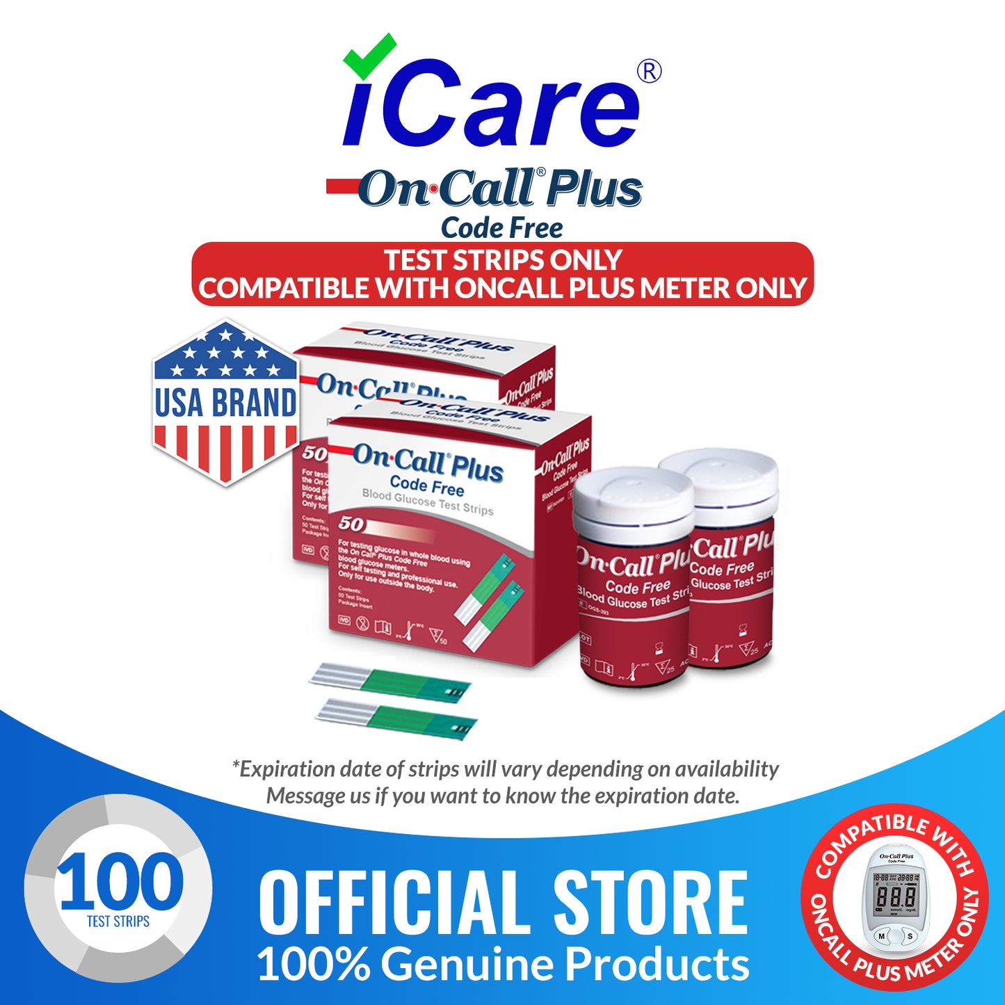iCare® On Call Plus Code Free Test Strips ONLY COMPATIBLE WITH On Call Plus Code Free GLUCOSE METER SA