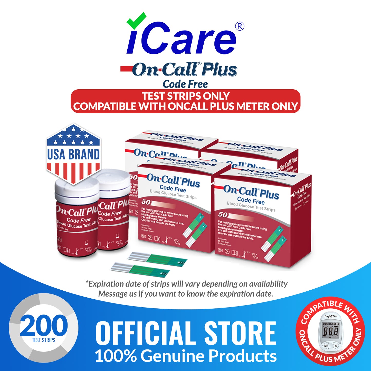 iCare® On Call Plus Code Free Test Strips ONLY COMPATIBLE WITH On Call Plus Code Free GLUCOSE METER SA