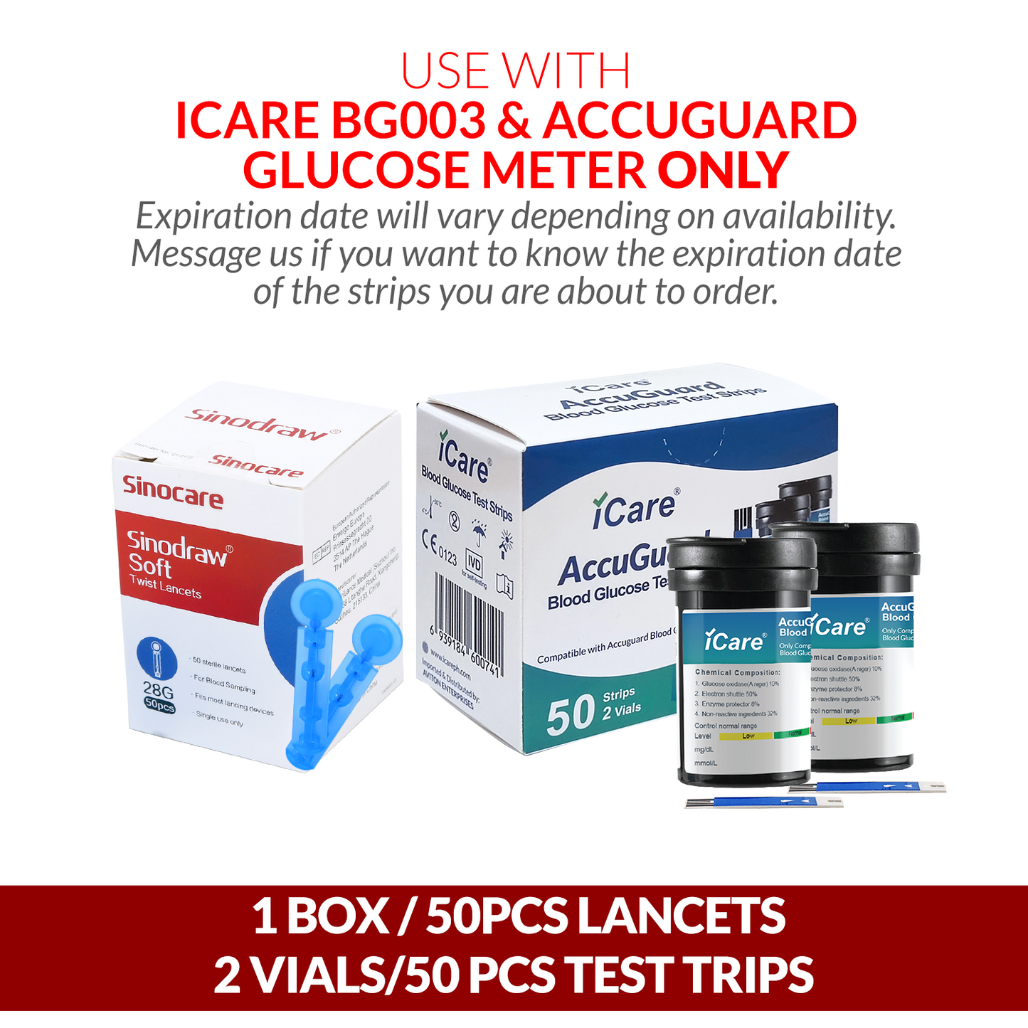 iCare AG-T50 50pcs Test Strips & 50pcs Lancets Compatible with BG003 and AccuGuard Blood Glucose Meter ONLY