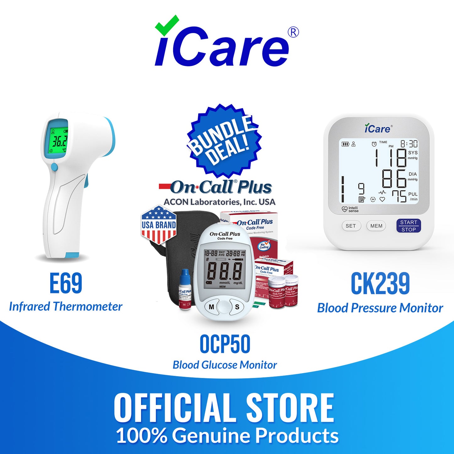 iCare Bundle Deal 24 CK239 Digital BP Monitor +OCP50 Blood Glucose Meter + E69 Infrared Forehead Thermometer
