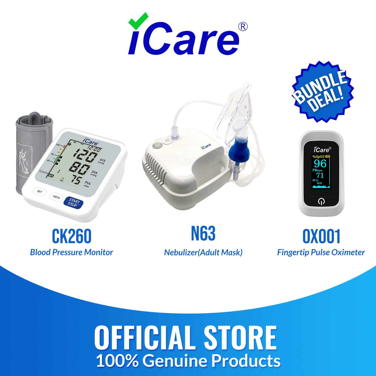 iCare Bundle Deal 25 CK260 Digital BP Monitor + N63 NebuLuxe Nebulizer Compressor + OX001 Fingertip Pulse Oximeter