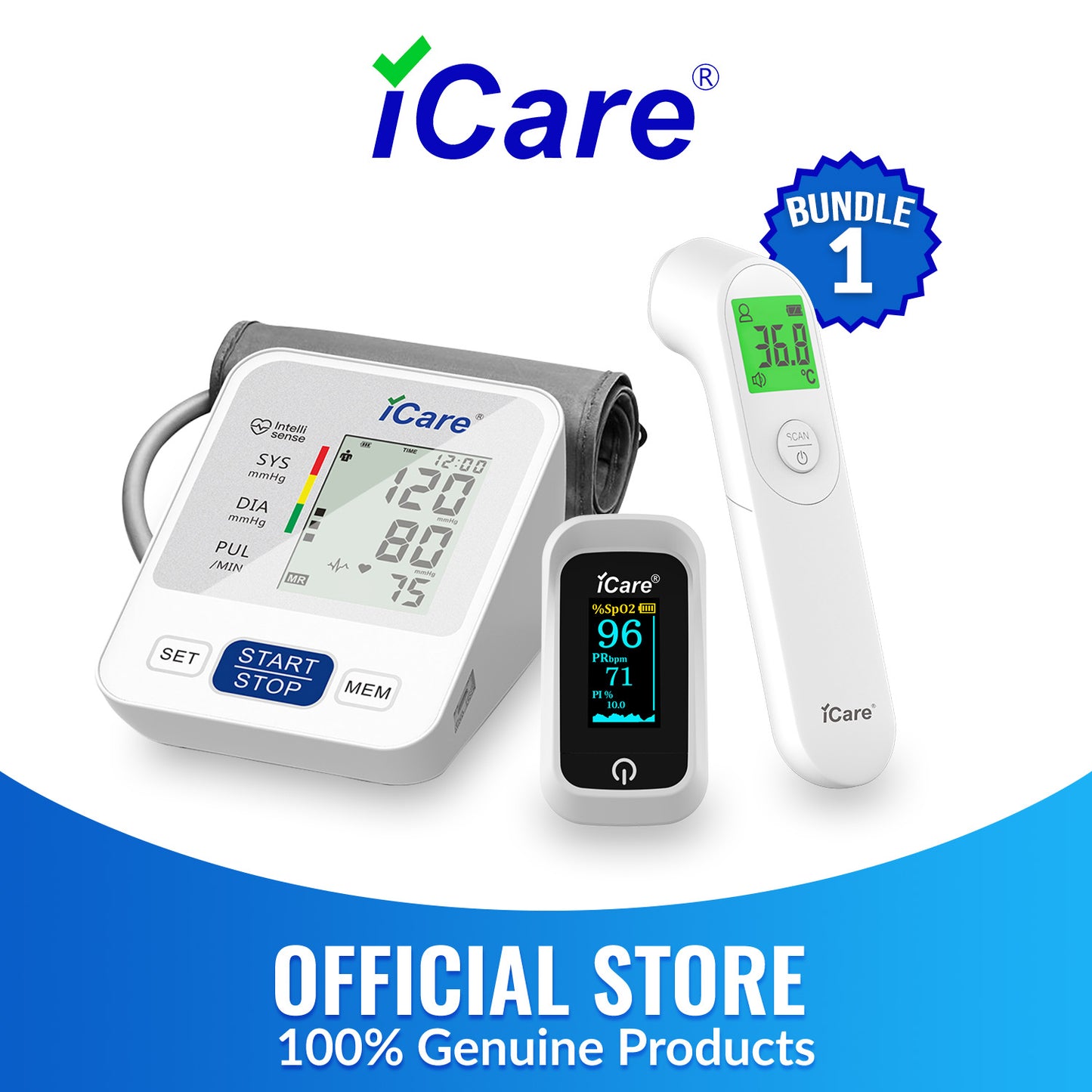 iCare Bundle 1 CK238 Digital BP Monitor + E66 Infrared Forehead Thermometer + OX001 Pulse Oximeter