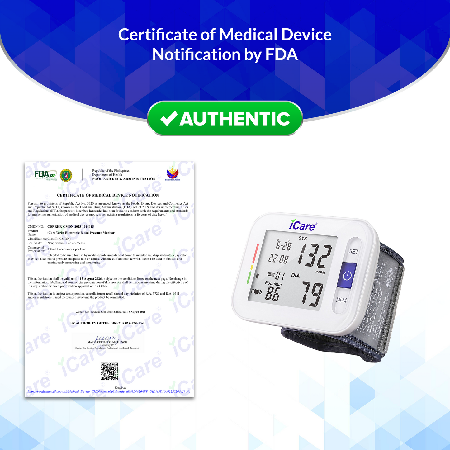 iCare® CK109 Automatic Digital Blood Pressure Monitor / Digital Sphygmomanometer Wrist Type