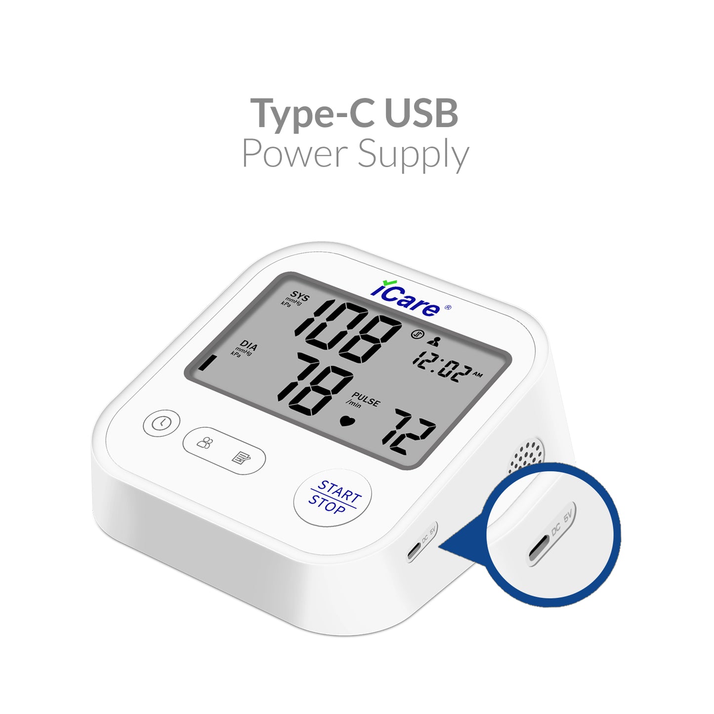 iCare® CK222 Automatic Digital Blood Pressure Monitor / Digital Sphygmomanometer Large arm cuff 22cm-42cm Type-C USB Port