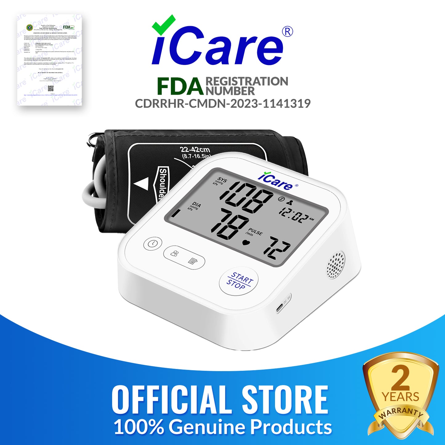 iCare® CK222 Automatic Digital Blood Pressure Monitor / Digital Sphygmomanometer Large arm cuff 22cm-42cm Type-C USB Port