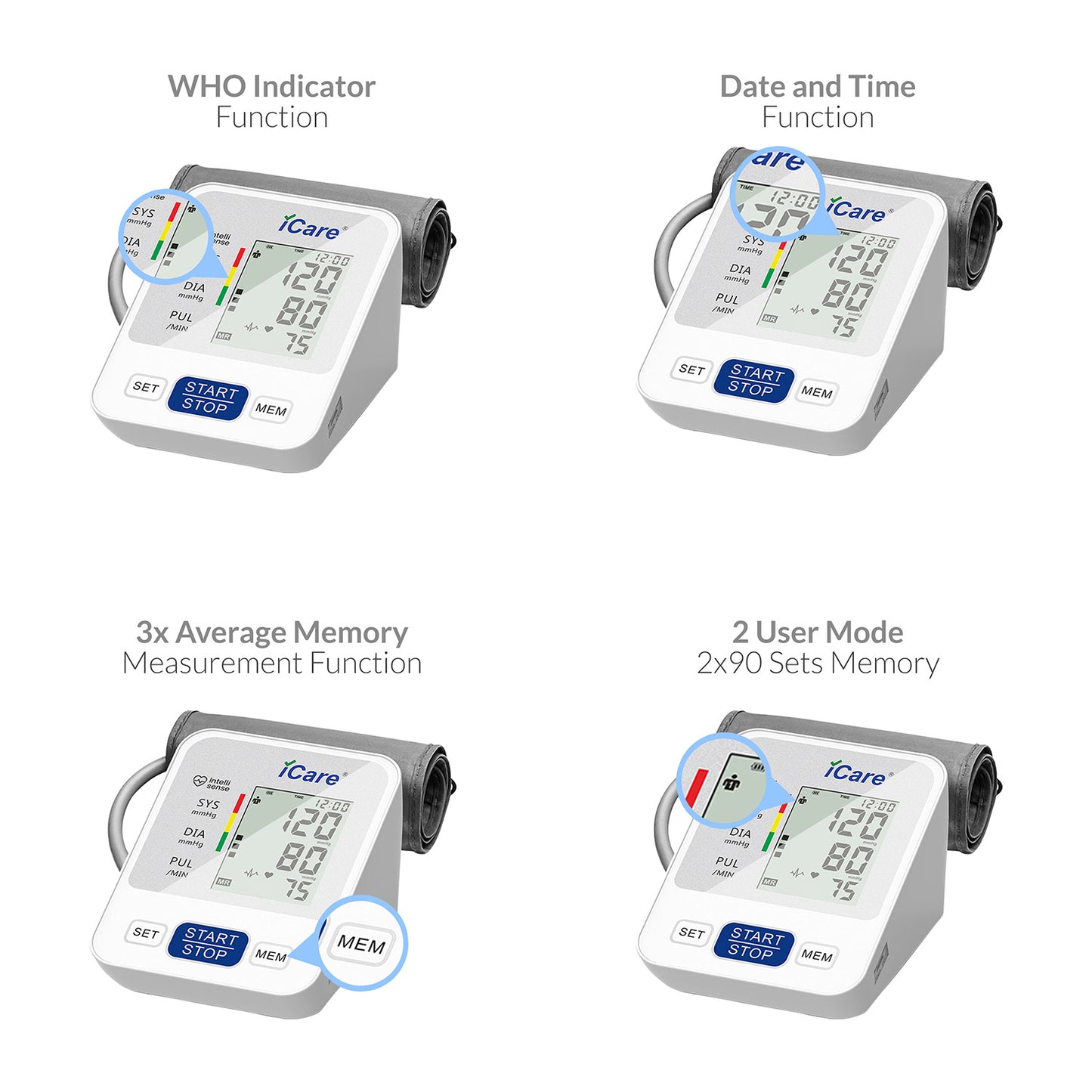 iCare Bundle 1 CK238 Digital BP Monitor + E66 Infrared Forehead Thermometer + OX001 Pulse Oximeter
