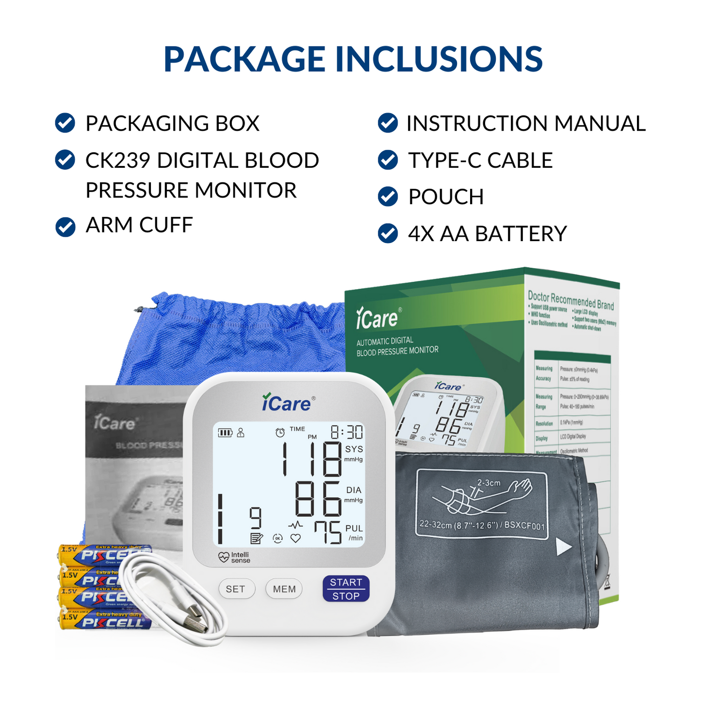 iCare Bundle Deal 24 CK239 Digital BP Monitor +OCP50 Blood Glucose Meter + E69 Infrared Forehead Thermometer