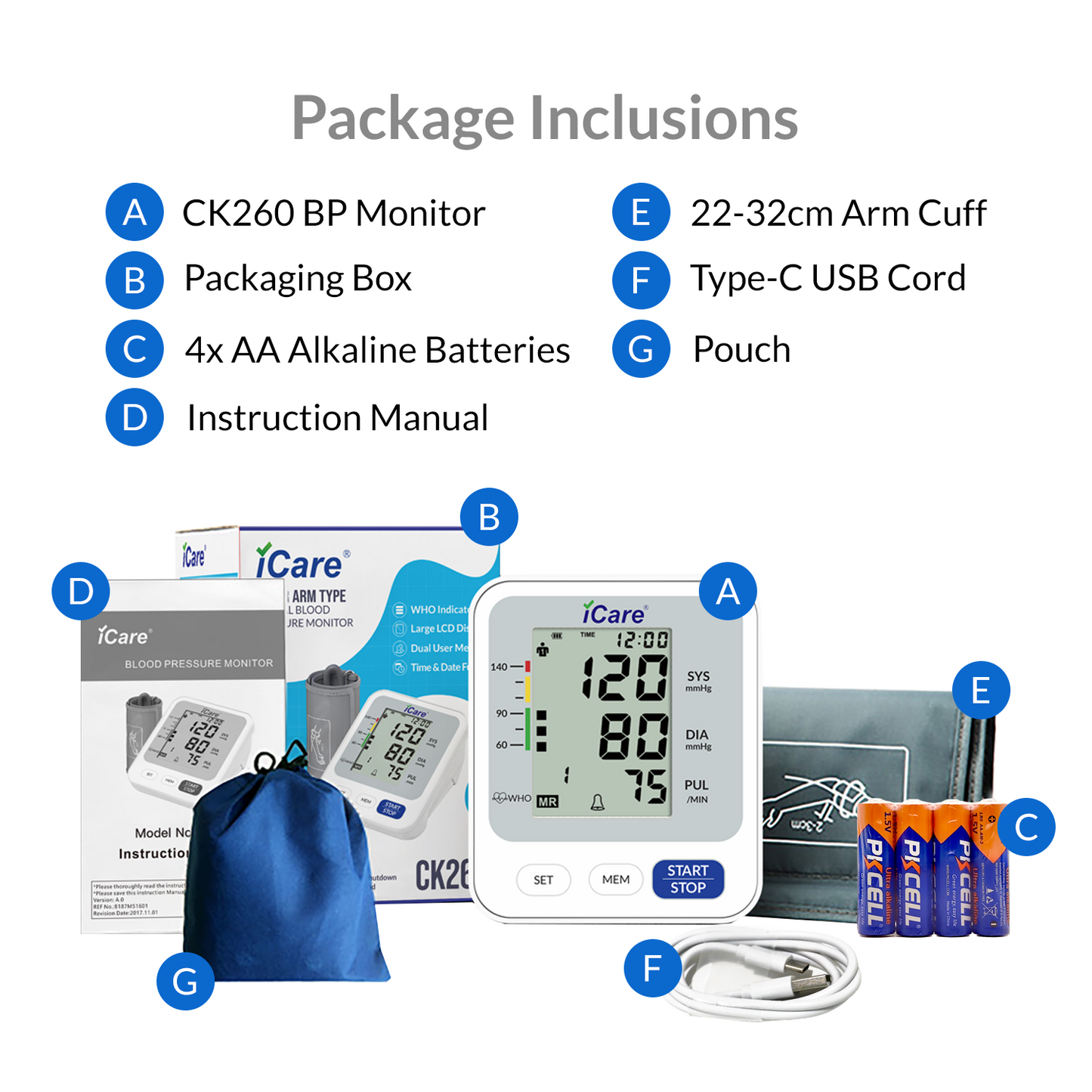 iCare Bundle Deal 6 CK260 BP Monitor + OX001 Oximeter + E69 Thermometer, Digital Blood Pressure Monitor with Fingertip Pulse Oximeter and Infrared Forehead Thermometer