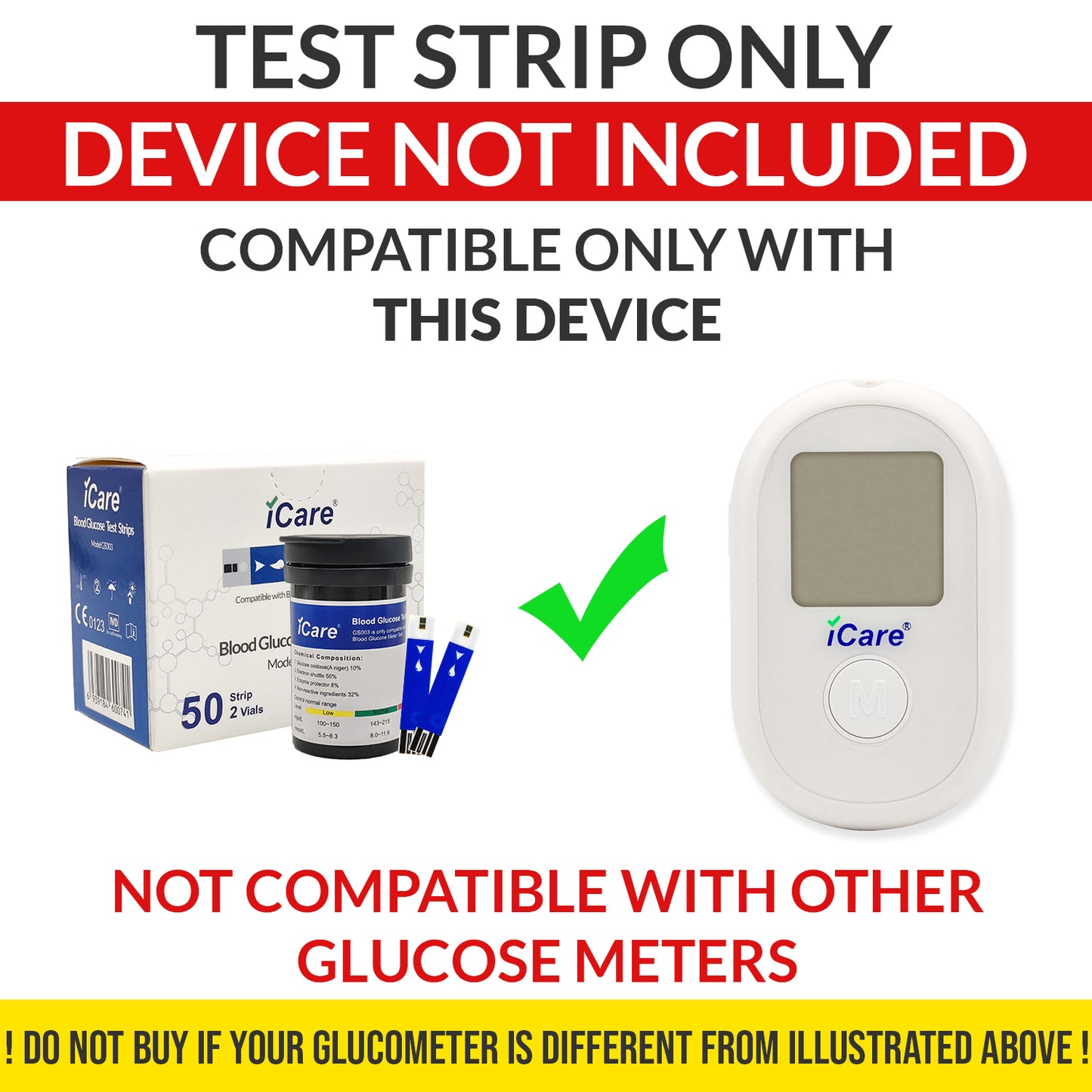 iCare BG003 50pcs Test Strips & 50pcs Lancets Compatible with BG003 Blood Glucose Meter ONLY