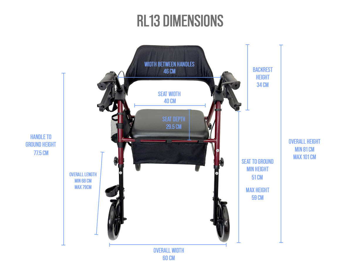 iCare RL13 Steel Rollator with Comfortable Seat, Storage Pouch, Cupholder, Cane holder & Hand Brakes For Mobility Assistance