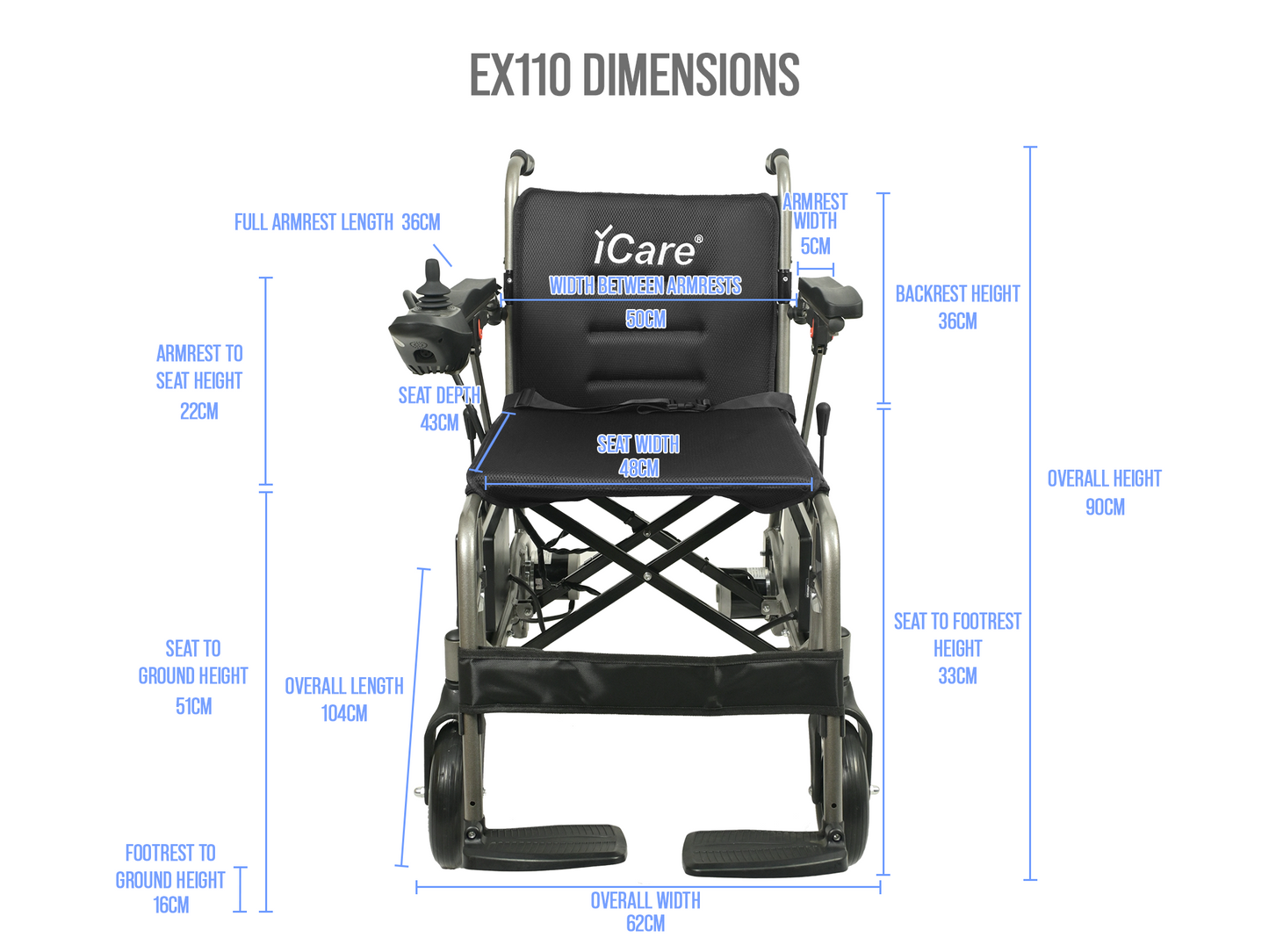 iCare EX110 Lightweight Aluminum Electric Wheelchair with Removable Lithium Battery