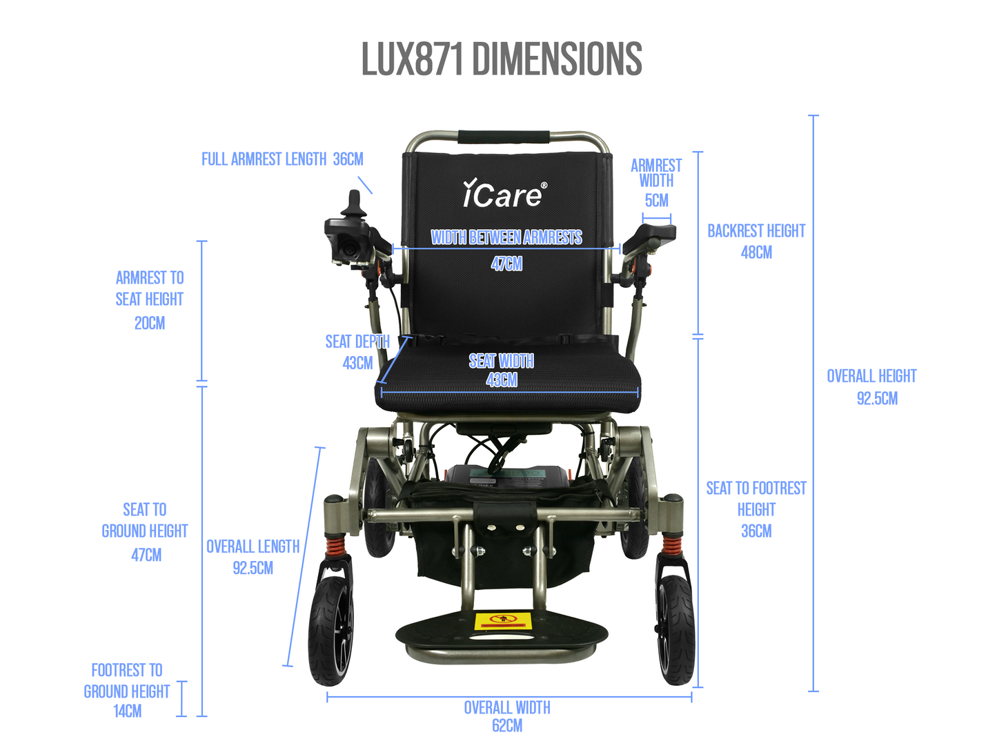 iCare LUX871 Portable Travel-Friendly Electric Wheelchair with Removable Lithium Battery Lightweight Aluminum Frame