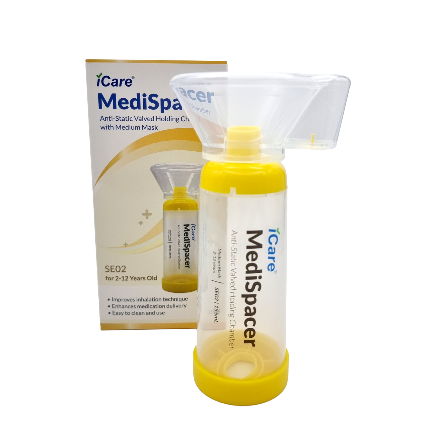 iCare® SE02 MediSpacer Chamber Spacer (NO INHALER INCLUDED) for Kids with Medium Mask, Sealed Package, Clean and Safe, for with your Asthma Inhaler, Ventolin via Chamber Spacer