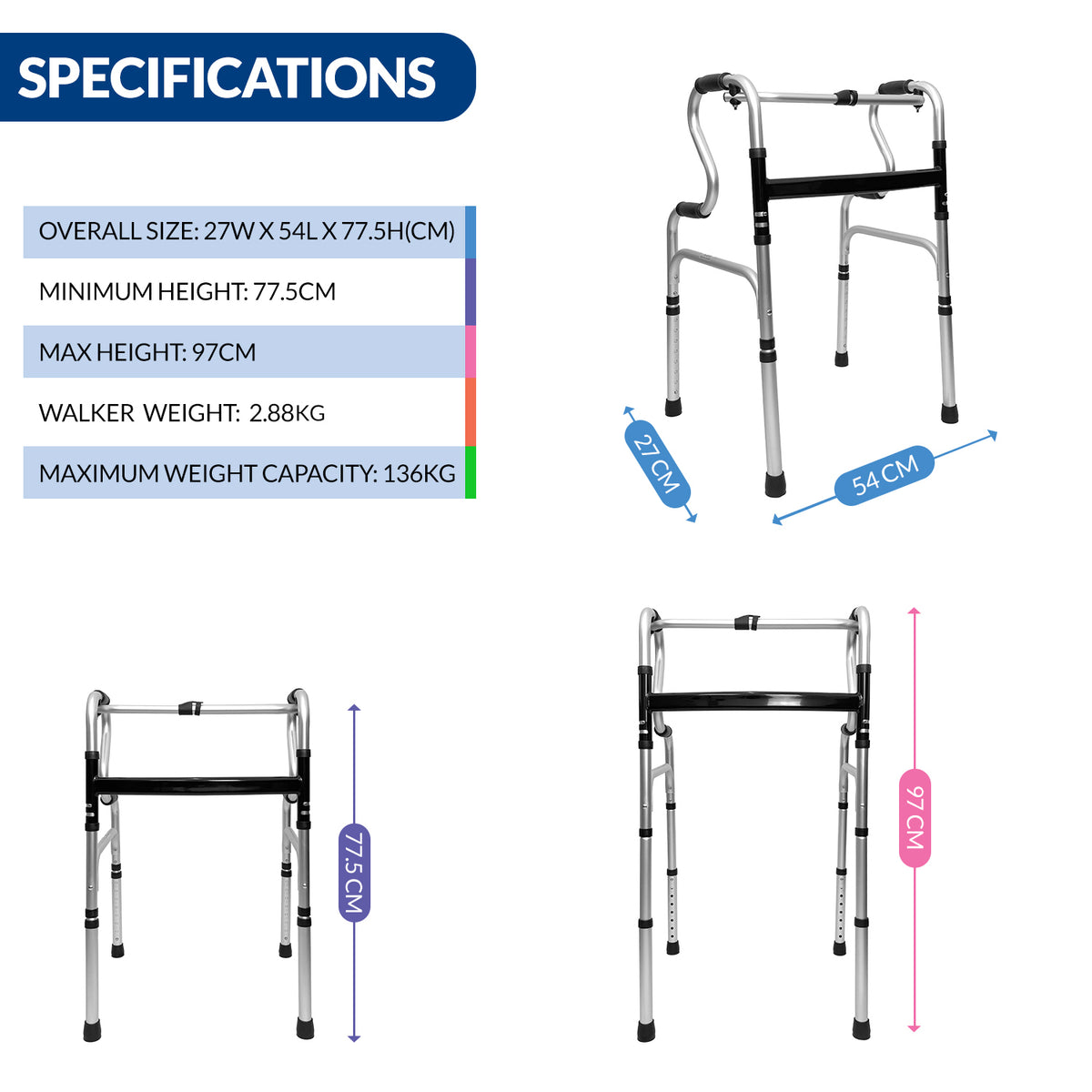 iCare AW111 Lightweight Aluminum Folding Walker with Adjustable Legs, Reciprocal Function and Anti-slip tips for stability and support