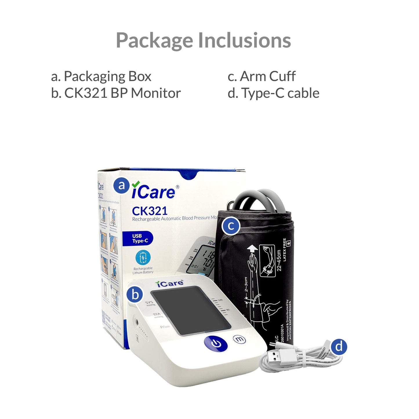iCare CK321 Rechargeable Automatic Blood Pressure Monitor Digital , Large Arm Cuff 22-45cm BP Monitor