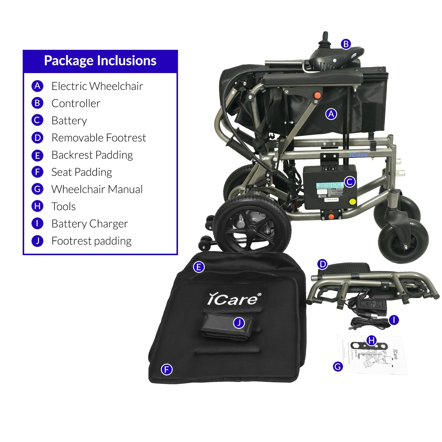 iCare EX110 Lightweight Aluminum Electric Wheelchair with Removable Lithium Battery