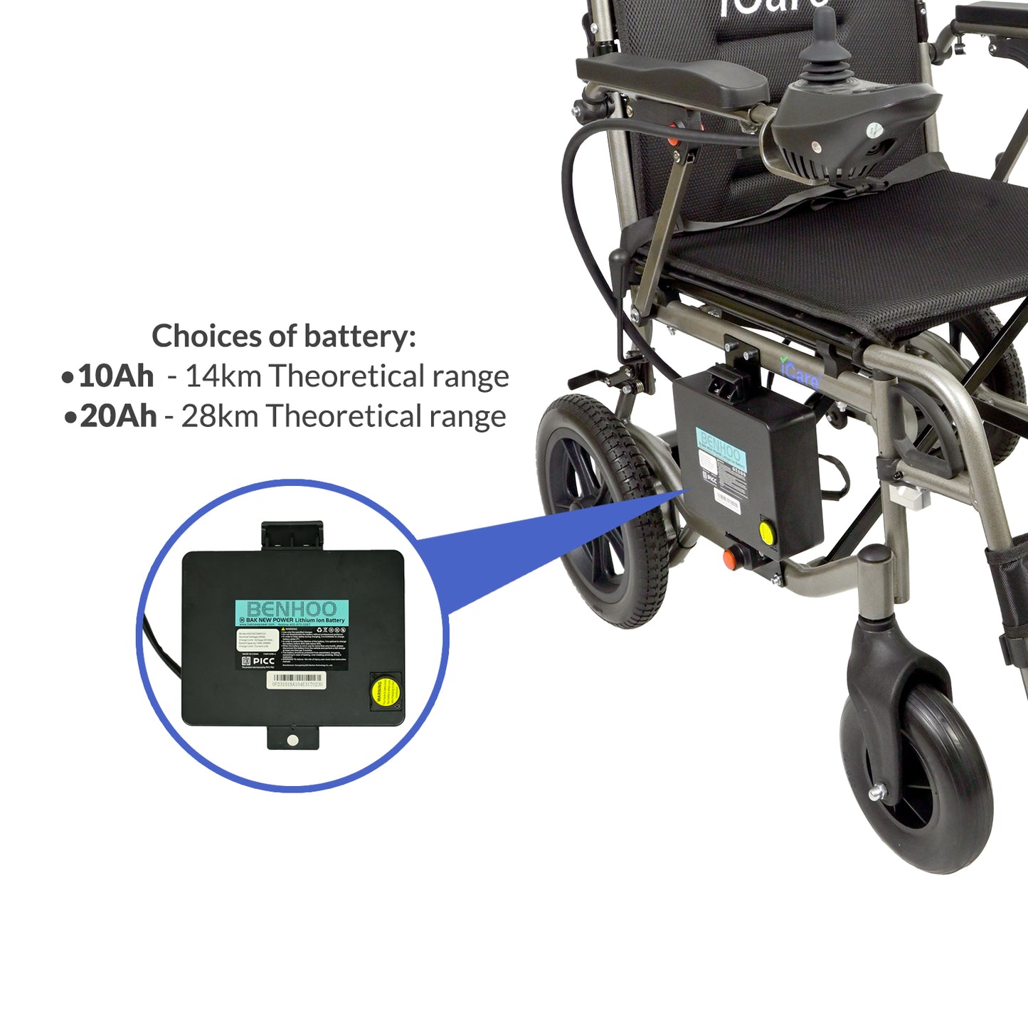 iCare EX110 Lightweight Aluminum Electric Wheelchair with Removable Lithium Battery