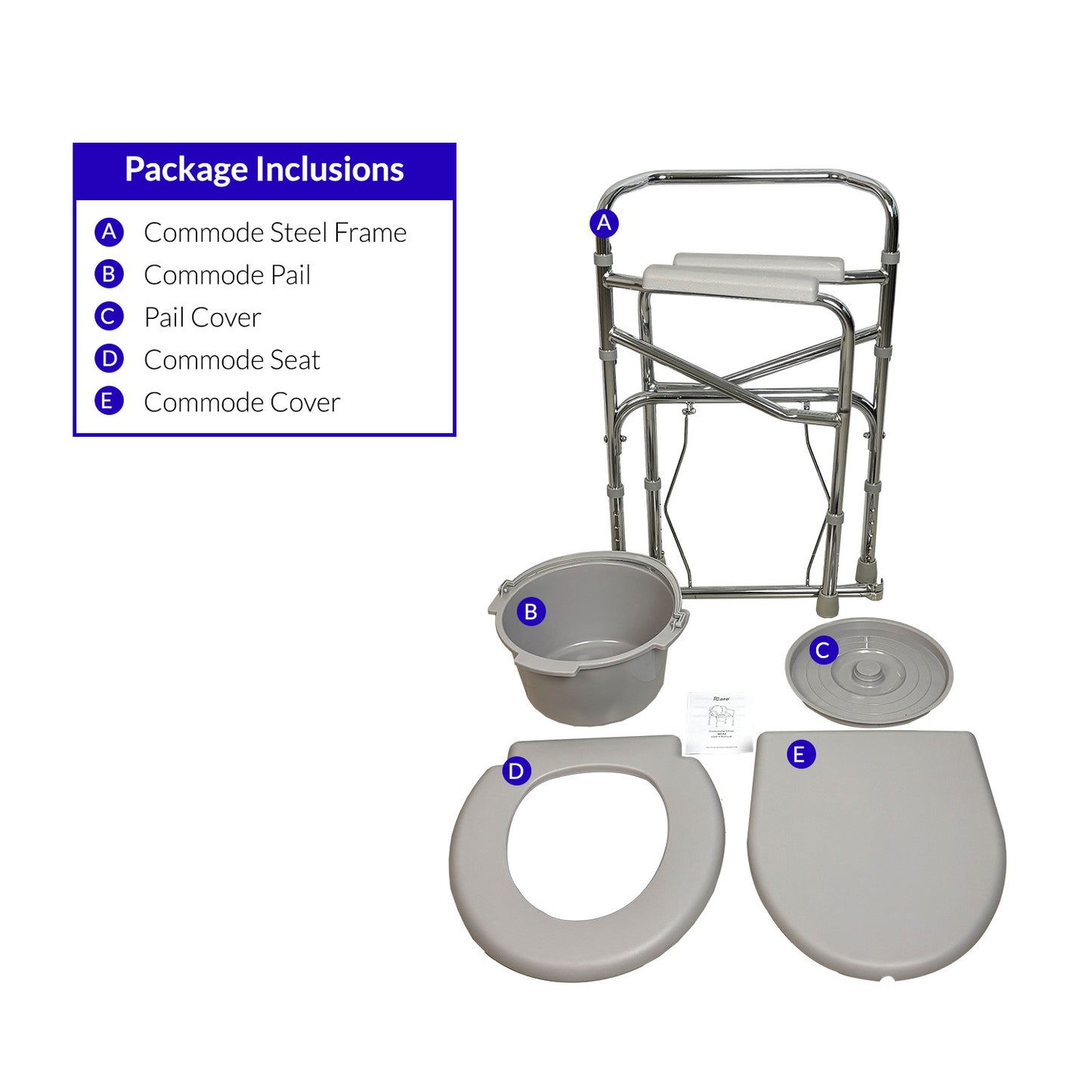 iCare MC52 Folding Steel Commode Chair, Adjustable Leg Height, Easy to Assemble, Foldable Frame