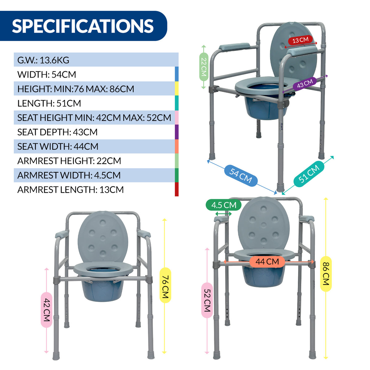 iCare MC53 Steel portable Commode Chair with removable bucket adjustable height armrests backrest. Suitable for home use