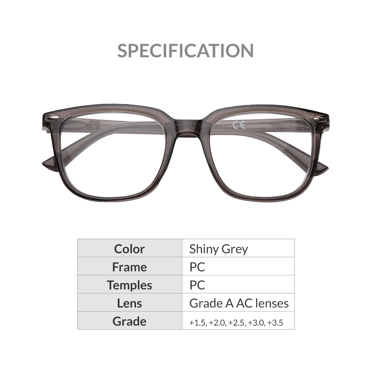 iCare RA301 Shiny Grey Square Reading Glasses PC Frame, PC Temples and Grade A AC Lenses