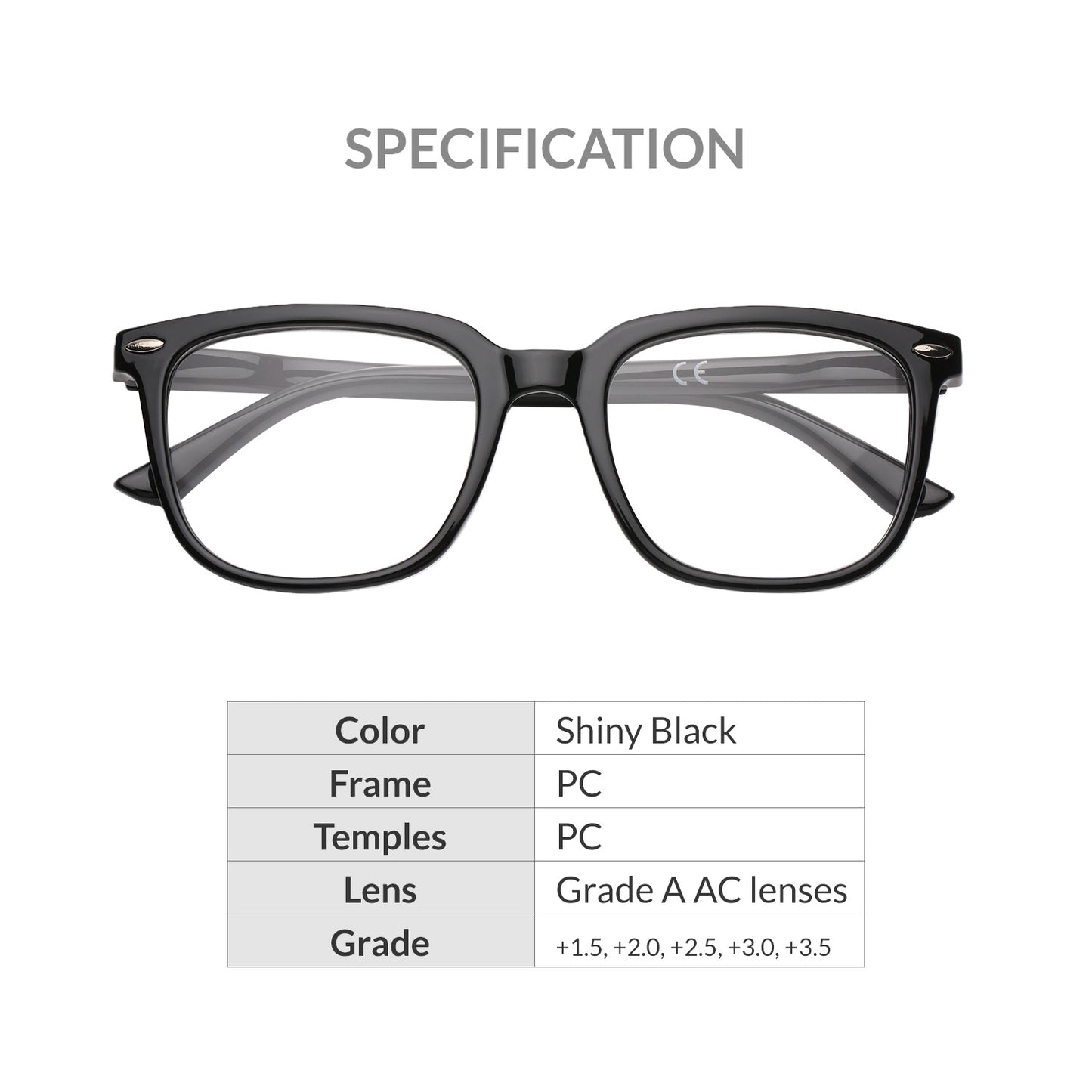 iCare RA302 Shiny Black Square Reading Glasses PC Frame, PC Temples and Grade A AC Lenses