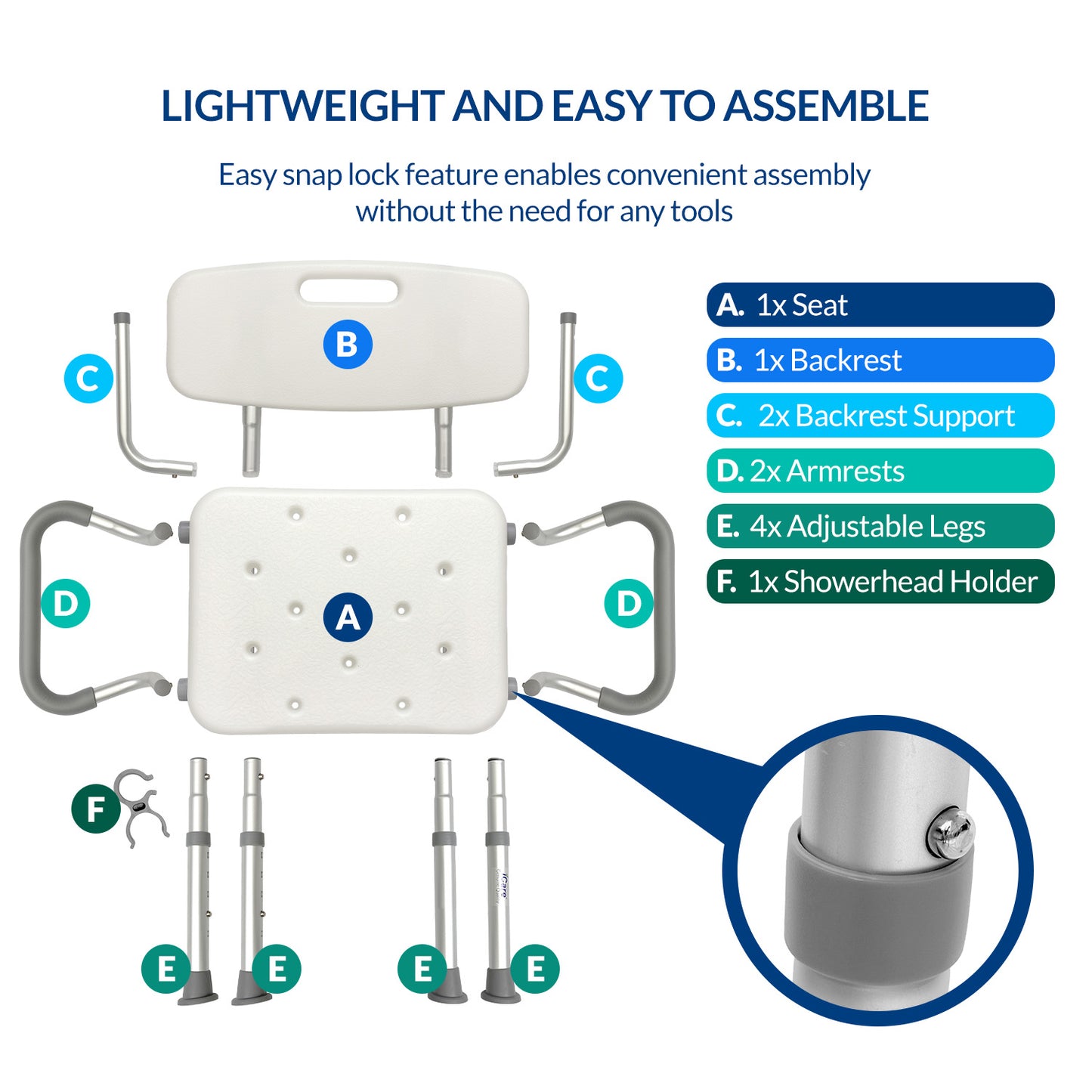 iCare SC210 Aluminum Shower Chair with Armrests Adjustable Height Non-Slip Rubber Feet for Bathing Support