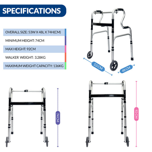 iCare AW112 Aluminum Folding Walker with back handles and wheels for mobility and support