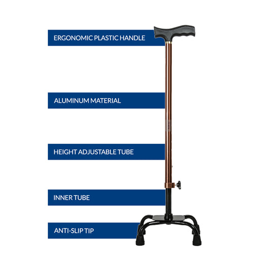 iCare® WS010 QuadPro with 4 Legs, Height Adjustable Tube, Ergonomic Handle and Anti-Slip Tips for Disabled and Elderly.
