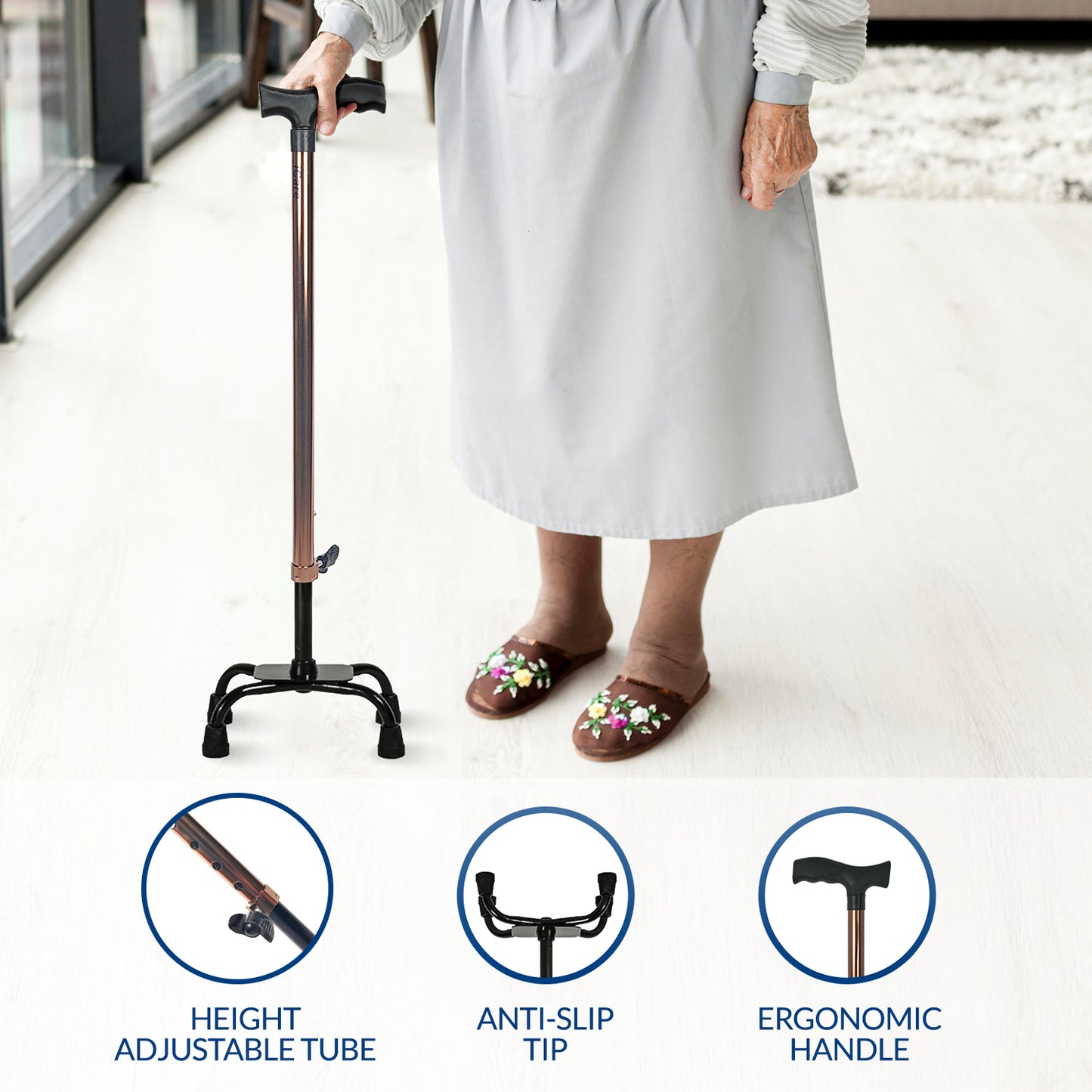 iCare® WS010 QuadPro with 4 Legs, Height Adjustable Tube, Ergonomic Handle and Anti-Slip Tips for Disabled and Elderly.