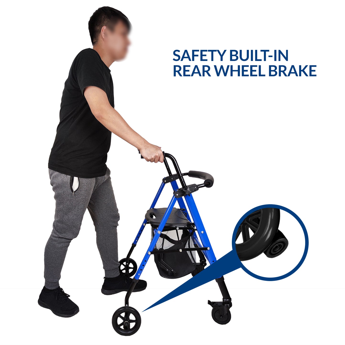 iCare® RL110 StrollMate 4 Wheel Rollator with Built in Seat, Height Adjustable Handlebar and Tubes, and Built-in Brakes for Disability, Injury Support and Elderly