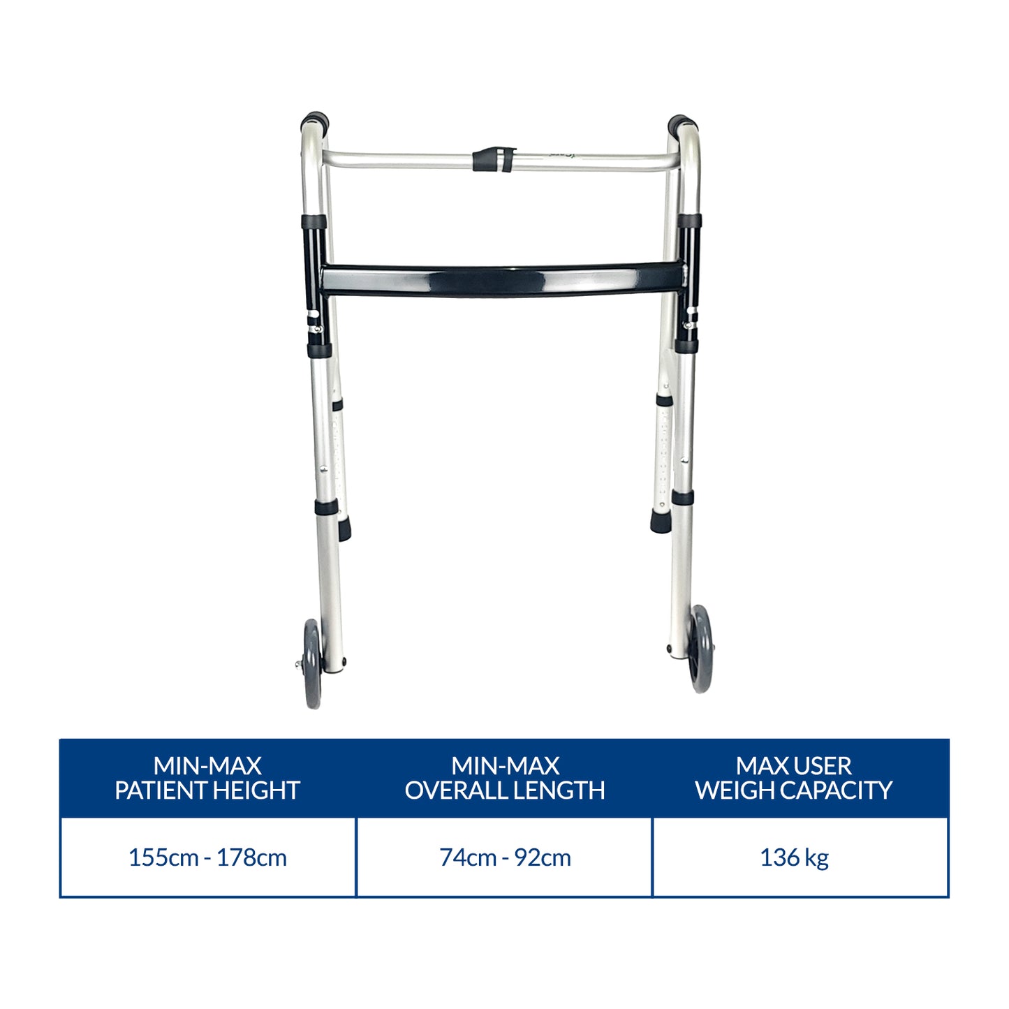 iCare AW109 Walkmate Foldable Aluminum Walker with Aluminum Main Frame, Heigh Adjustable Tube and Push Button Folding Mechanism Walking Aid and Injury Support