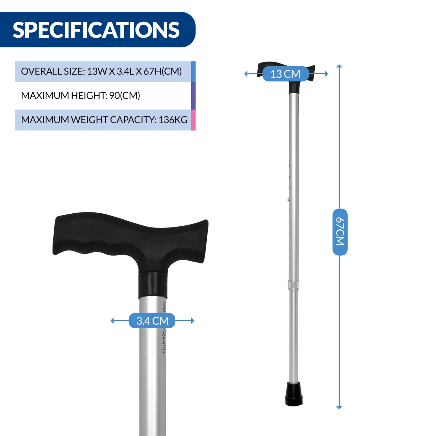 iCare® WS001 CanePro Walking Stick with Height Adjustable Tube, Ergonomic Handle for Disabled and Elderly