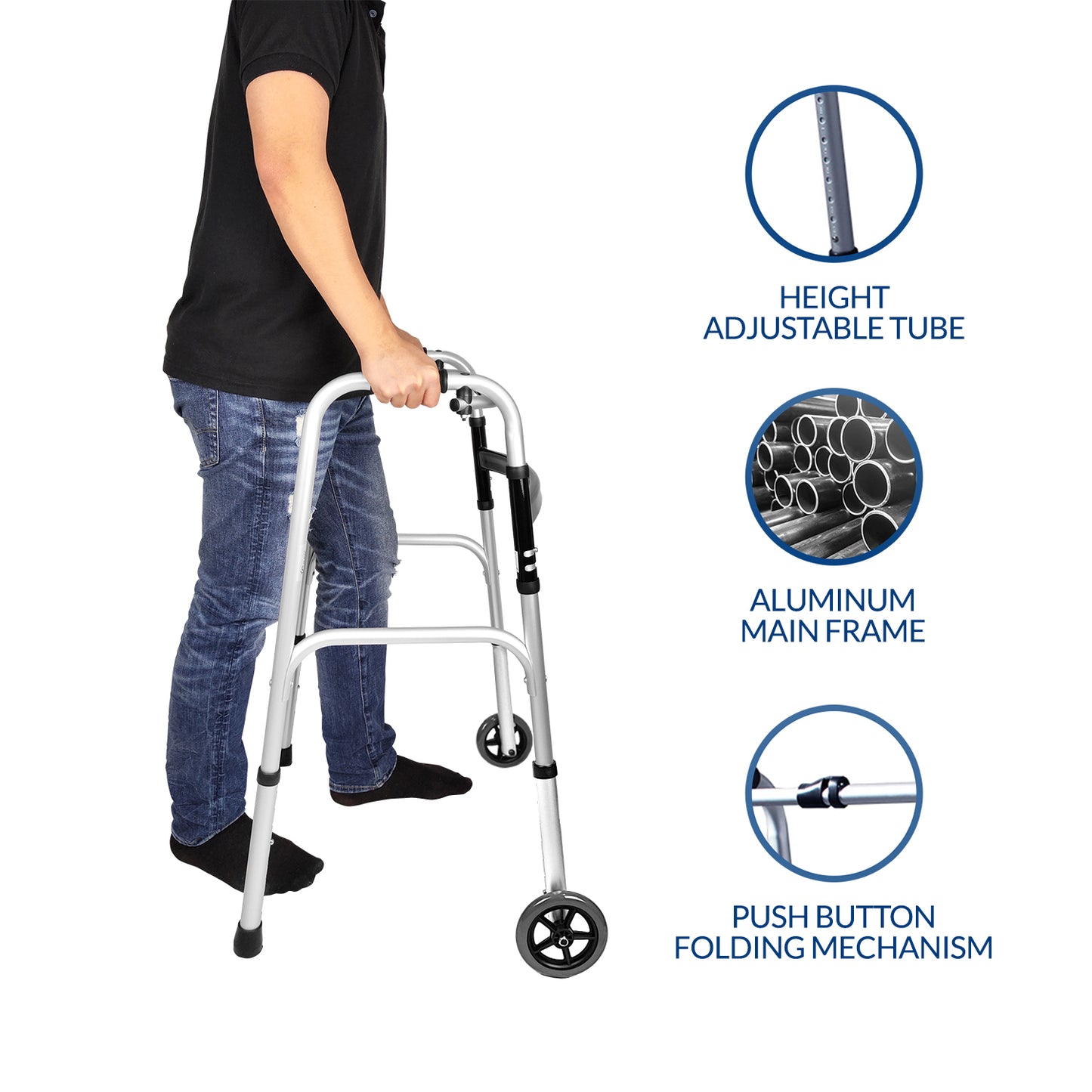 iCare AW109 Walkmate Foldable Aluminum Walker with Aluminum Main Frame, Heigh Adjustable Tube and Push Button Folding Mechanism Walking Aid and Injury Support