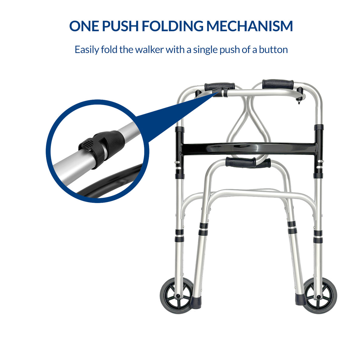 iCare AW112 Aluminum Folding Walker with back handles and wheels for mobility and support
