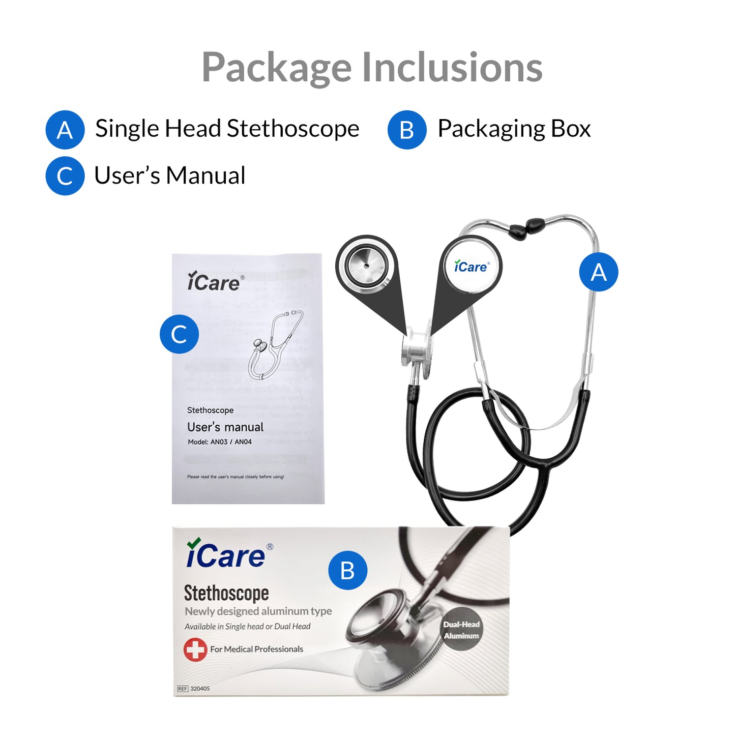 iCare AN04 Dual head Aluminum Stethoscope With Diaphragm, Bell, Soft Ear Buds and Flexible Tubing