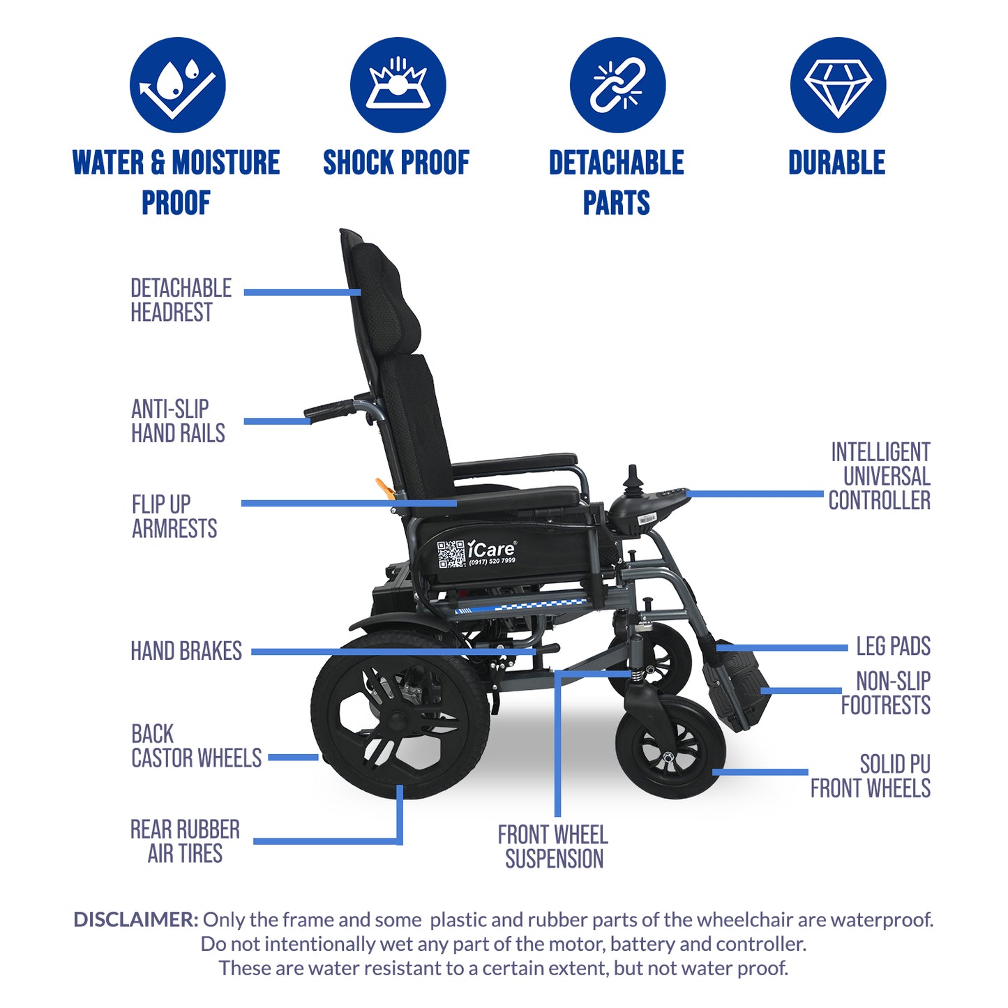 iCare® E310 Pro New Model Electric Wheelchair HEAVY DUTY (110kg Load Limit, 50kg Wheelchair Weight)