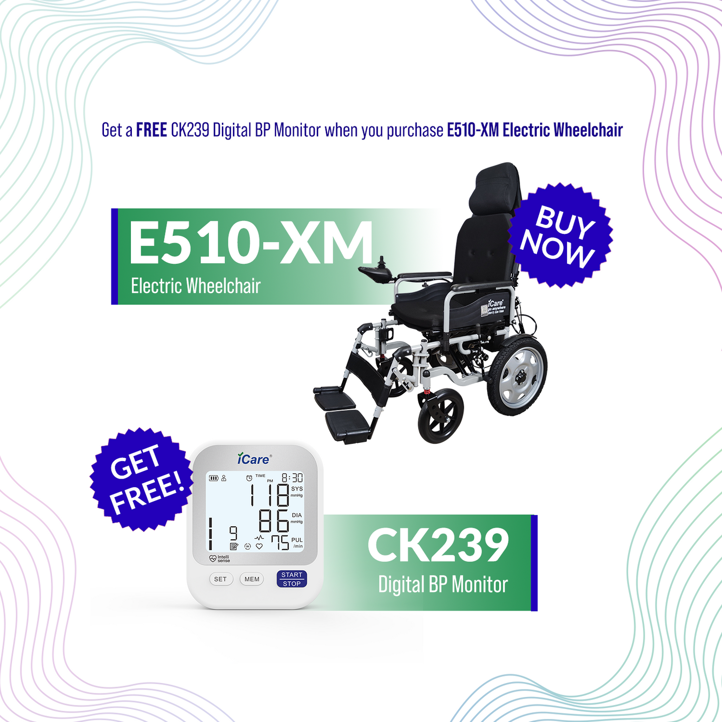 iCare® E510-XM Adjustable Electric Wheelchair(100kg Load Limit, 50kg Wheelchair Weight)