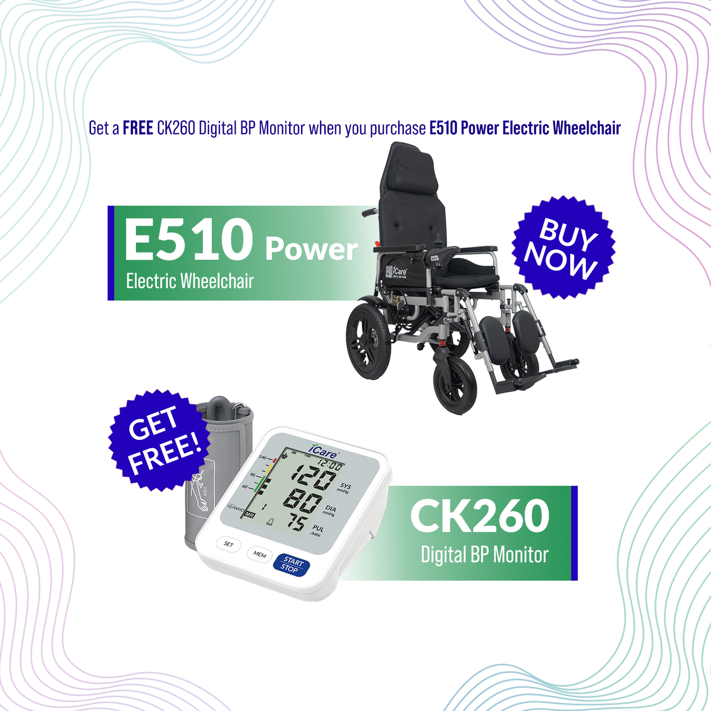 iCare® E510 Power New Model Reclinable Electric Wheelchair(100kg Load Limit, 50kg Wheelchair Weight)