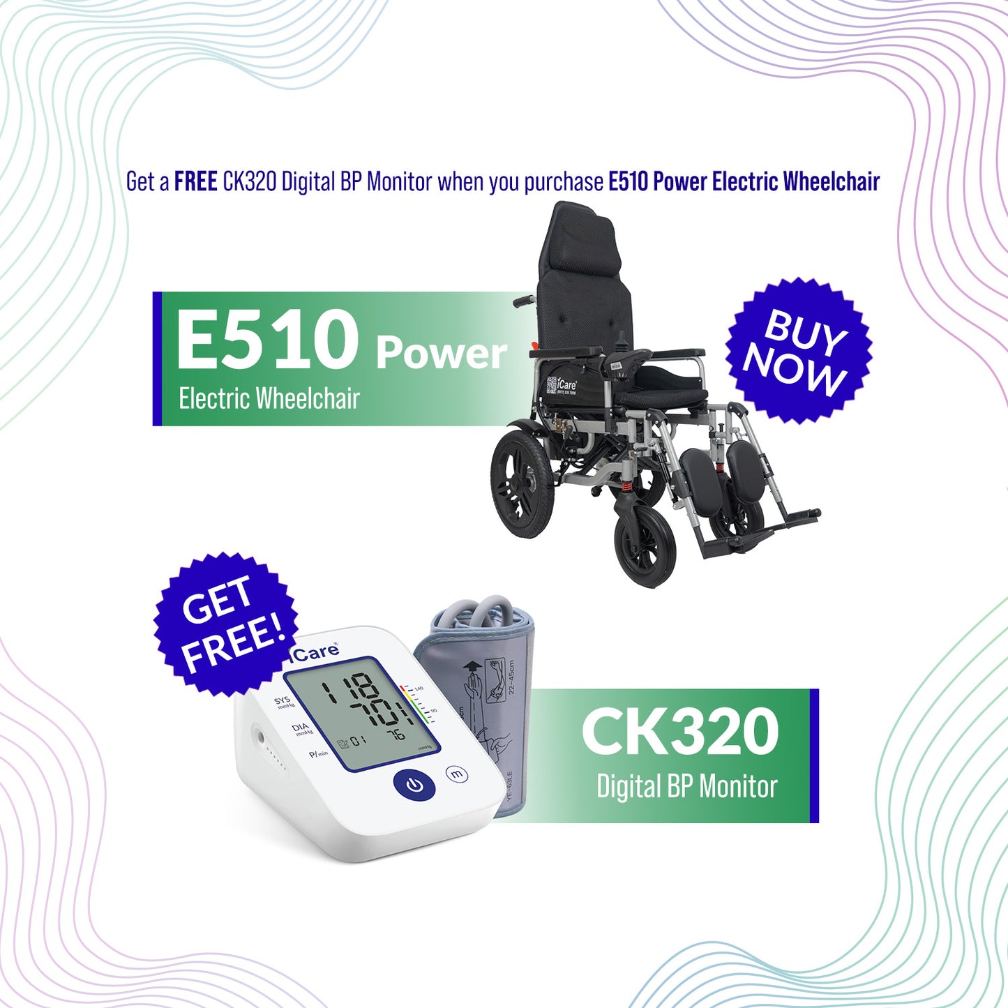 iCare® E510 Power New Model Reclinable Electric Wheelchair(100kg Load Limit, 50kg Wheelchair Weight)