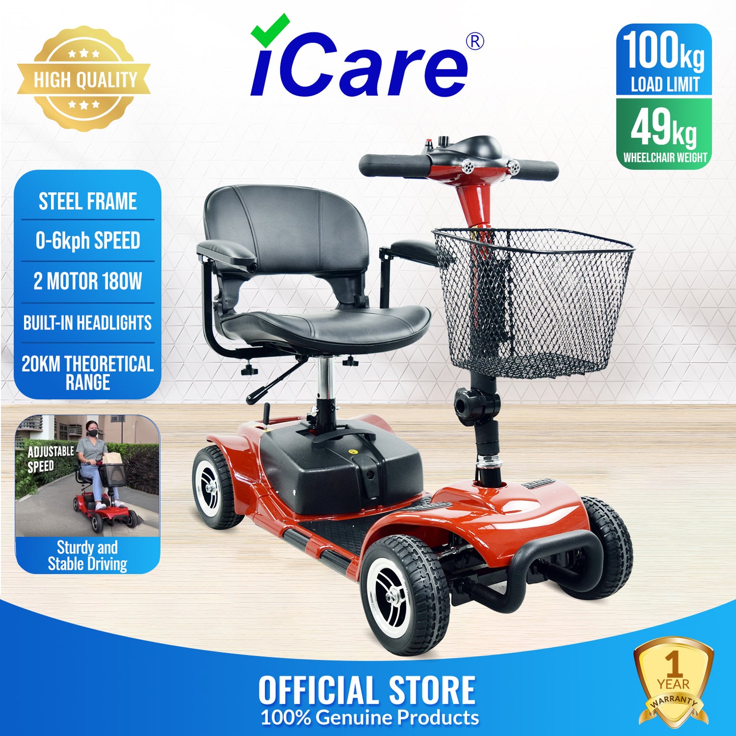 iCare® EB690 Electric Mobility Scooter - Wheelchair (100kg Load Limit, 50kg Wheelchair Weight)