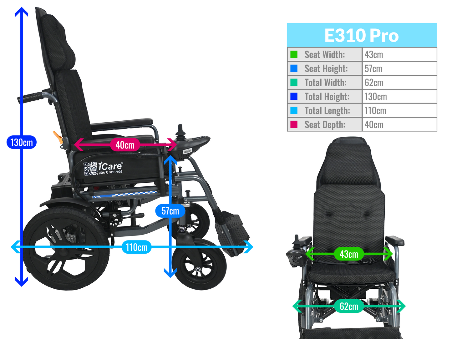 iCare® E310 Pro New Model Electric Wheelchair HEAVY DUTY (110kg Load Limit, 50kg Wheelchair Weight)