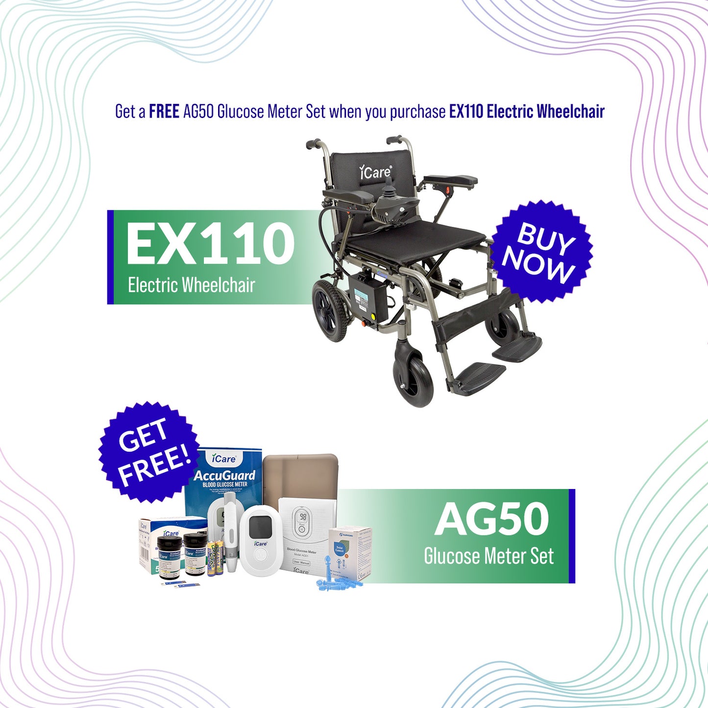 iCare EX110 Lightweight Aluminum Electric Wheelchair with Removable Lithium Battery