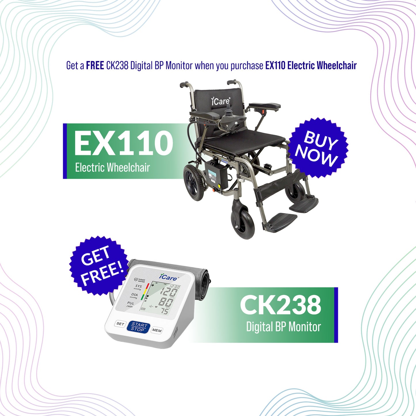 iCare EX110 Lightweight Aluminum Electric Wheelchair with Removable Lithium Battery