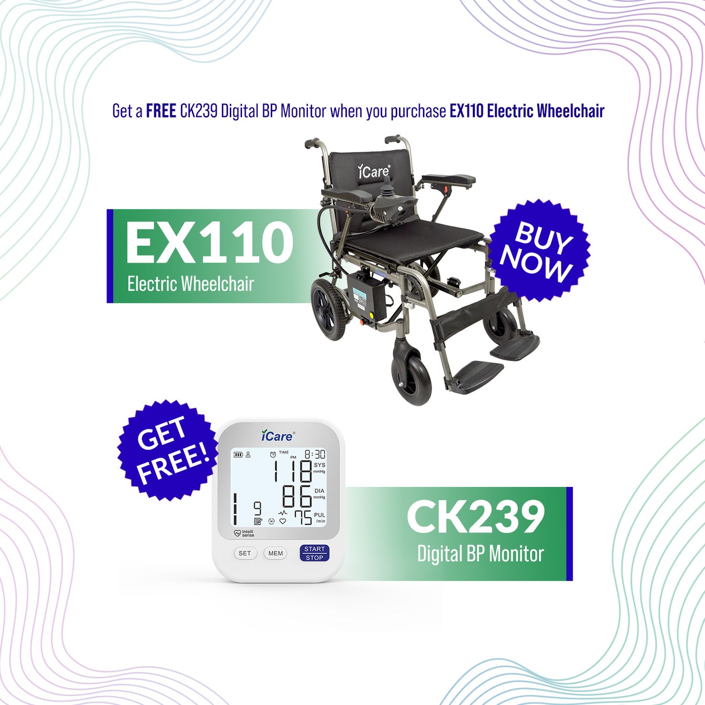 iCare EX110 Lightweight Aluminum Electric Wheelchair with Removable Lithium Battery