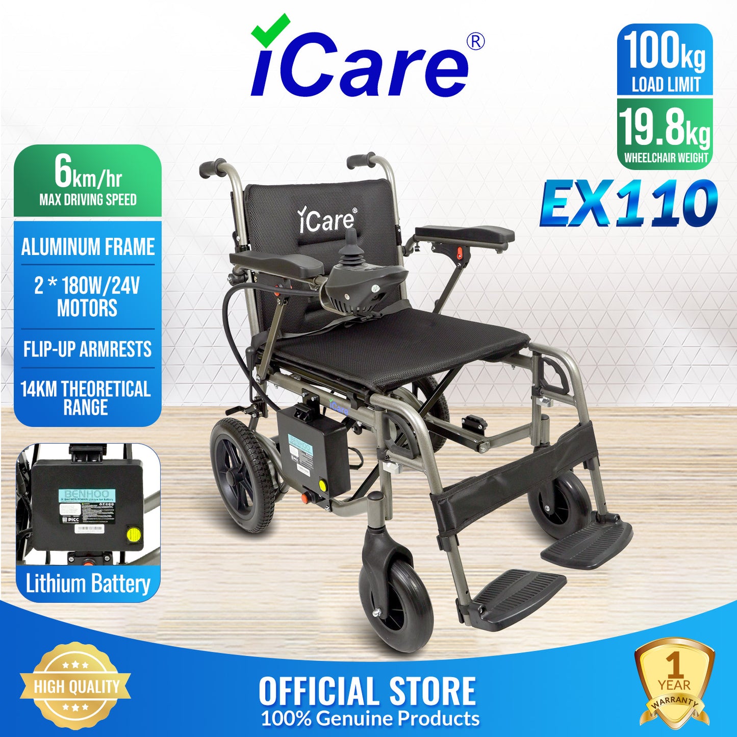 iCare EX110 Lightweight Aluminum Electric Wheelchair with Removable Lithium Battery