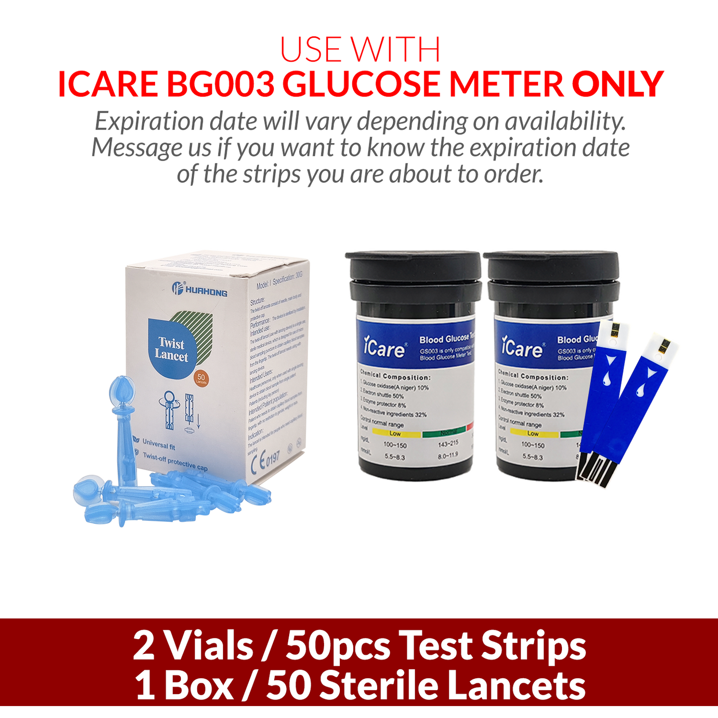 iCare BG003 50pcs Test Strips & 50pcs Lancets Compatible with BG003 Blood Glucose Meter ONLY
