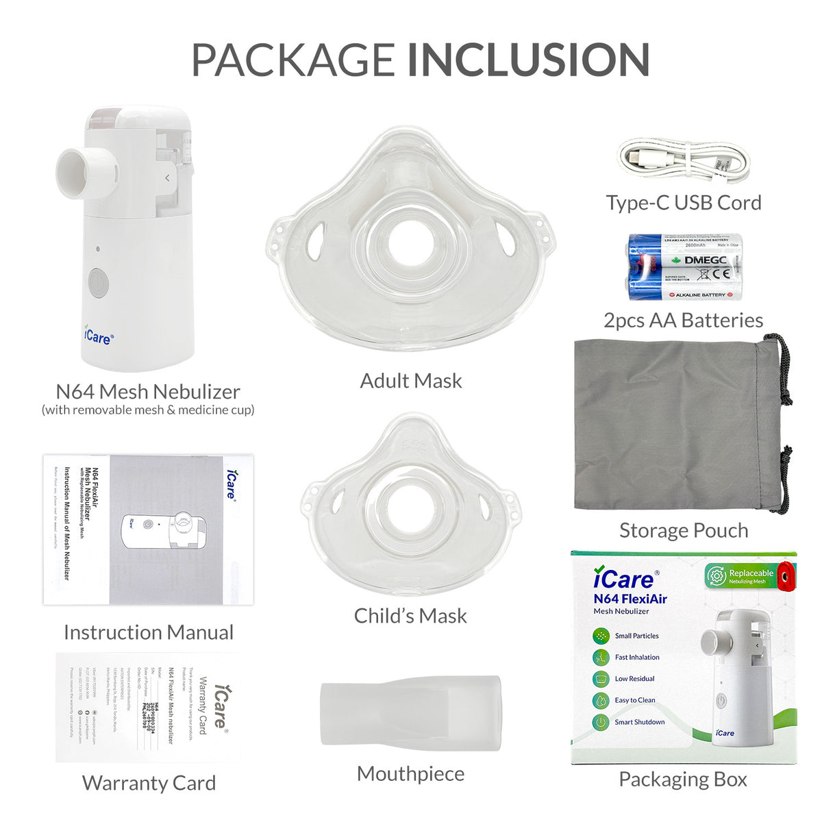 iCare N64 FlexiAir Portable Mesh Nebulizer with Replaceable Mesh, USB/Battery Powered, Mouthpiece & Masks for Kids and Adults