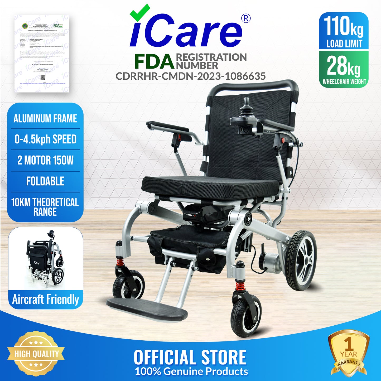 iCare® LUX860 Foldable Electric Wheelchair Aircraft-Grade Aluminum Frame (100kg Load Limit, 28kg Wheelchair Weight)