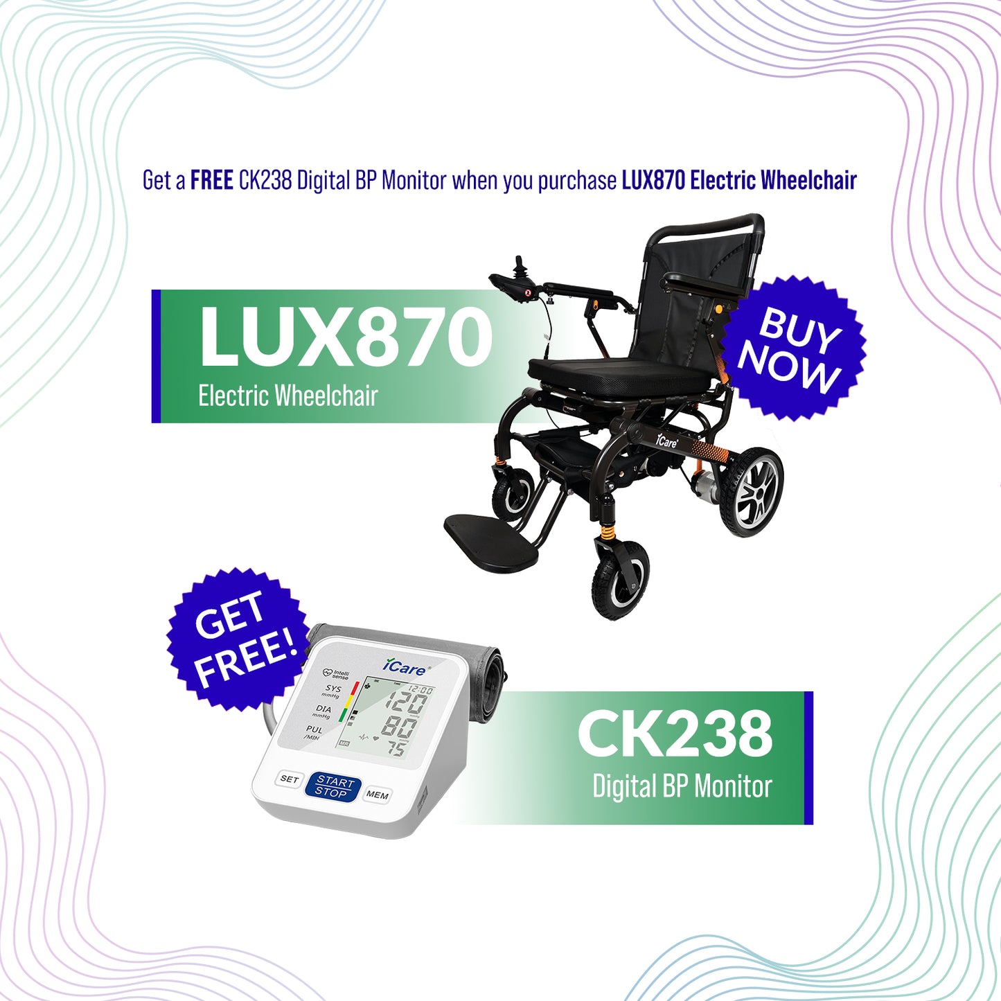 iCare LUX870 Lightweight Aircraft Grade Aluminum Frame Foldable Electric Wheelchair with Removable Lithium Battery