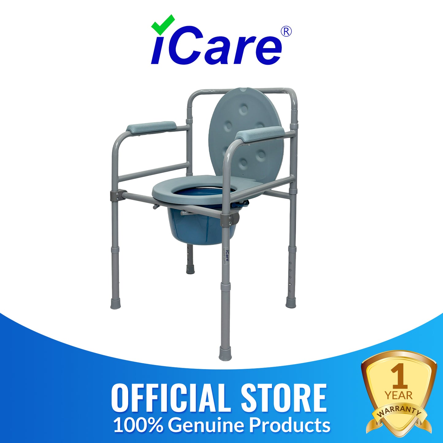 iCare MC53 Steel portable Commode Chair with removable bucket adjustable height armrests backrest. Suitable for home use